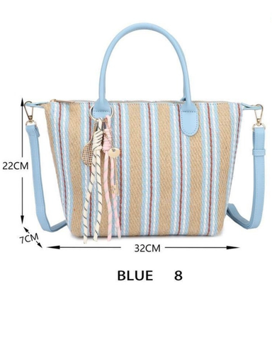 Raidallinen säkkikankainen Käsi/olkalaukku. Vaaleanpunainen ja sininen