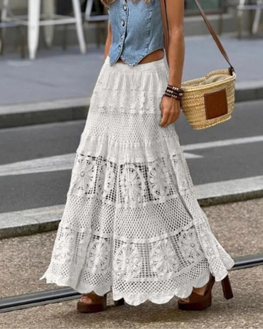 Pitkä valkoinen virkattu/pitsi bohohame. One size, 2 erilaista