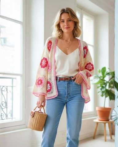 Boheemi virkattu neuletakki kukkakuvioilla. One size. Kaksi väriä