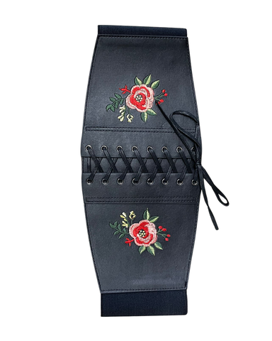 Korsettimainen leveä nyöritetty patellavyö kukkabrodeerauksella