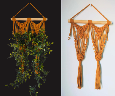 Kaunis kahden ruukun makramee-amppeli. Mitat 34x70cm