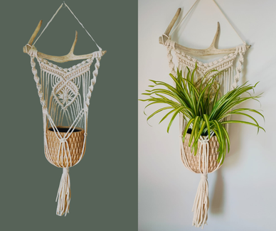 Upea Suomalainen käsityö, makramee poronsarvi-amppeli! Mitat 32x85cm