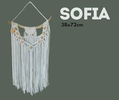 Upea boheemi makramee poronsarvi-seinäkoriste Sofia. Mitat 38x72cm