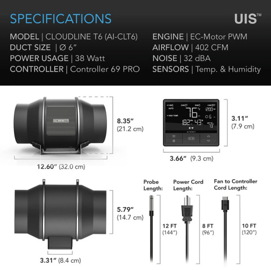 AC Infinity CLOUDLINE PRO T6 150 mm 680 m³/h + Controller 69 Pro