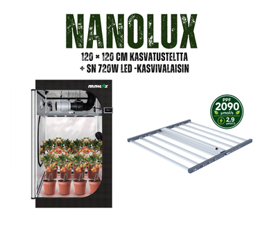 Nanolux 120 × 120 cm kasvatusteltta ja SN Pro 720W LED -kasvivalaisin