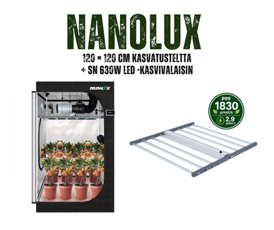 Nanolux 120 × 120 cm kasvatusteltta ja SN 630W LED -kasvivalaisin