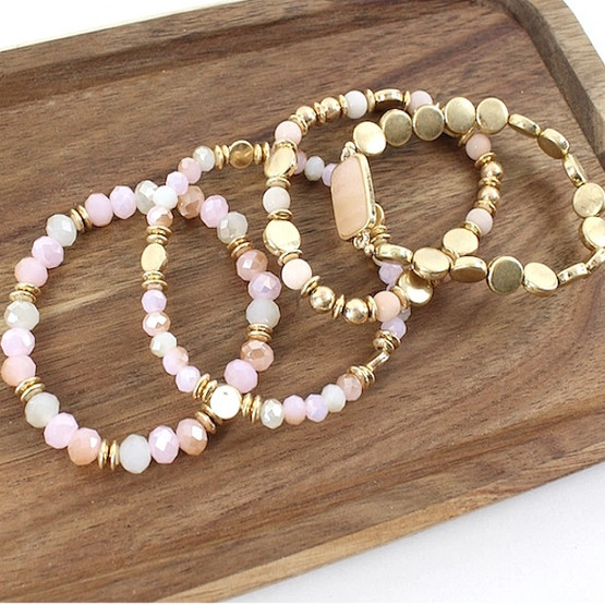 Rannekoru  4kpl setti   Roosa & White stone 