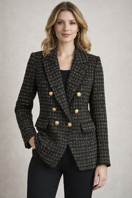 Chokolate Paris tweed-bleiseri naiselle – musta & kulta, klassinen jakku