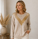 Paljetti-V neulepusero – harmaa/kulta - beige/kulta