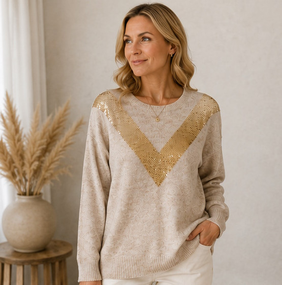 Paljetti-V neulepusero – harmaa/kulta - beige/kulta