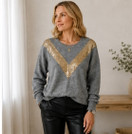 Paljetti-V neulepusero – harmaa/kulta - beige/kulta