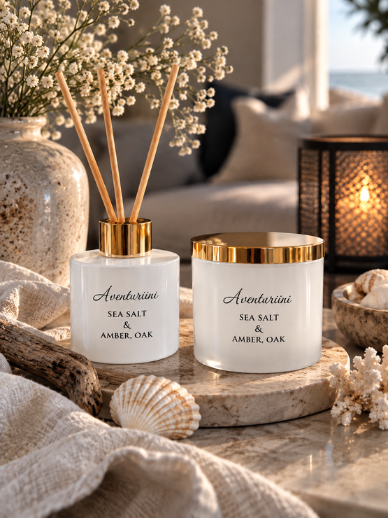 Aventuriini Sea Salt & Amber, Oak – kynttilä & huonetuoksu -setti