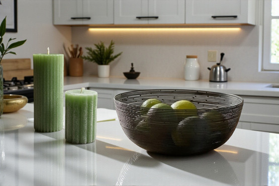 Steariini- soijavaha läpivärjätty kynttilät huurteisissa  sävyissä. 