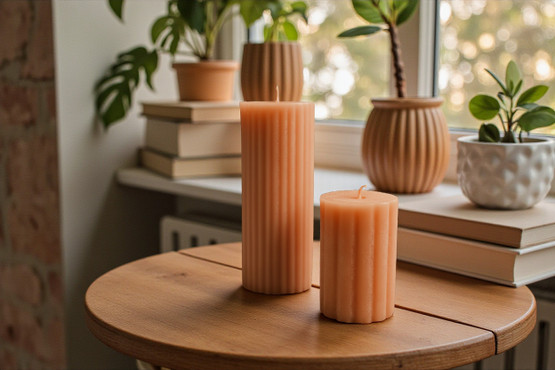 Steariini- soijavaha läpivärjätty kynttilät huurteisissa  sävyissä. 