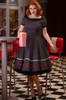 Dolly & Dottyn Darlene Black White Polka Dot Red Details -mekko