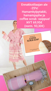 ENNAKKOTILAAJAN ALE! Ecobain hamamkylpytakki, hamampyyhe, vaalea pinkki, coffee scrub-saippua