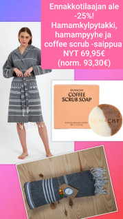 ENNAKKOTILAAJAN ALE! Ecobain hamamkylpytakki, hamampyyhe, tummanharmaa, coffee scrub-saippua