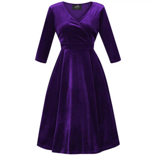 Lady Vintage Lyra Velvet Purple -samettimekko, 3/4-pitkät hihat