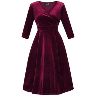 Lady Vintage Lyra Velvet Wine -samettimekko, 3/4-pitkät hihat