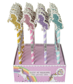 Glitterkynä yksisarvis kumilla