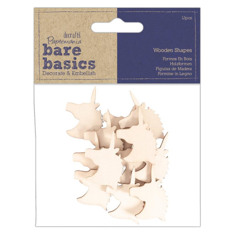 Vanerikoriste 12 kpl - Papermania Bare Basics Wooden Shapes Unicorn Heads