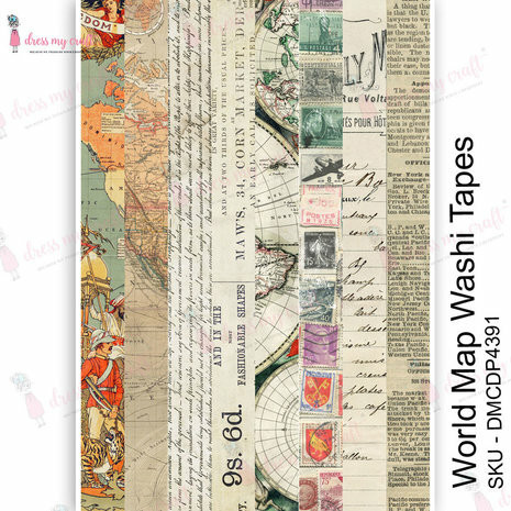 Vesisiirtokuva A4 - Dress My Craft Transfer Me World Map Washi Tapes