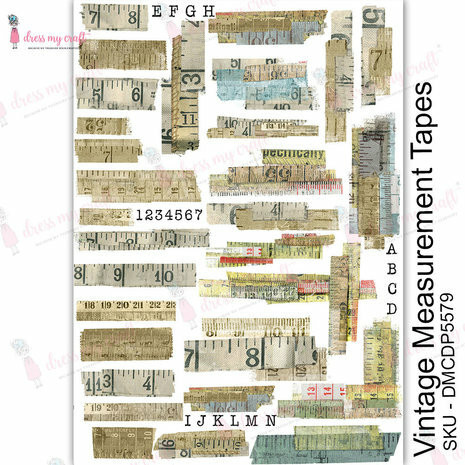 Vesisiirtokuva A4 - Dress My Craft Transfer Me Vintage Measurement Tapes