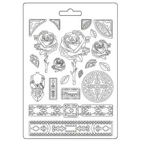 Koristemuotti 21x29 cm - Mechanical Rose and Borders Stamperia Soft Mould