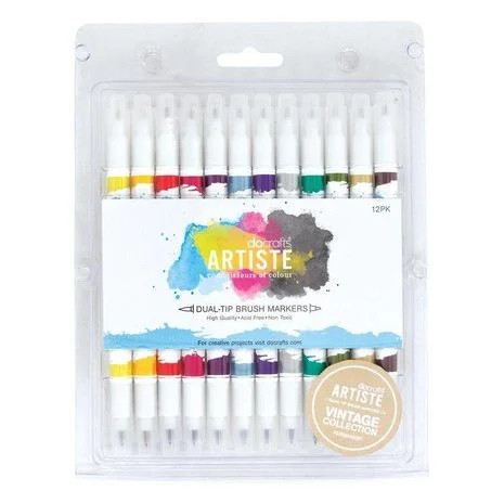 Permanenttitussit kaksoiskärki 12 kpl, Docrafts Artiste Brush Markers Vintage