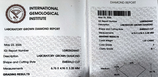 Diamond ( synthetic ) 1ct emerald cutting with IGI certificate