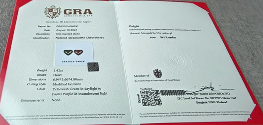 Aleksandriitti 1,4ct , harvinainen sydän hionta GRA todistuksella