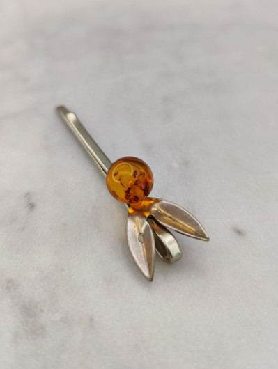 Vintage Baltic amber silver hairpin