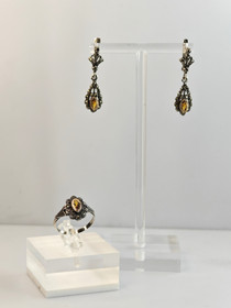 Vintage hopeinen setti sormus ja korvakorut granatilla