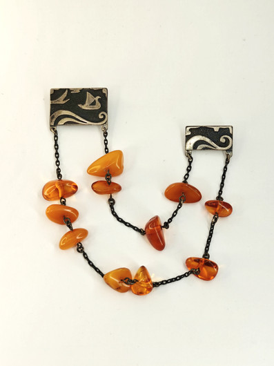 Vintage hopeinen Itä-meren meripihka rintakoru/kauluskoru