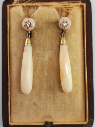 Antique / Vintage gold  diamond / pink coral earrings 