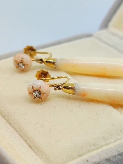 Antique / Vintage gold  diamond / pink coral earrings 