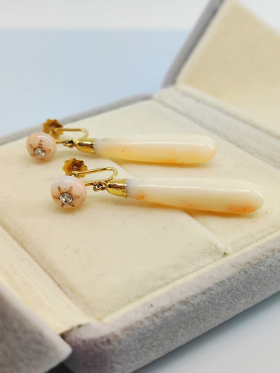 Antique / Vintage gold  diamond / pink coral earrings 