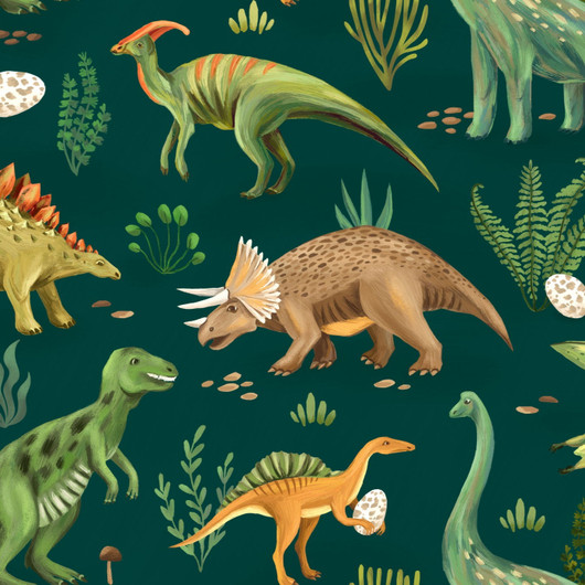 Resori: Friendly dinosaurs, Dark green *käyttöleveys 150cm*