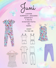Paperikaava: JUNI lasten jumpsuit, joggers, shortsit, T-paita ja toppi, koot 74-158cm