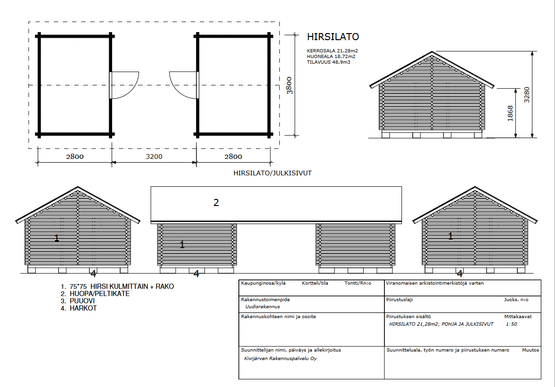 Parilato neliöhirrestä 4x9 m, harja- tai pulpettikatto