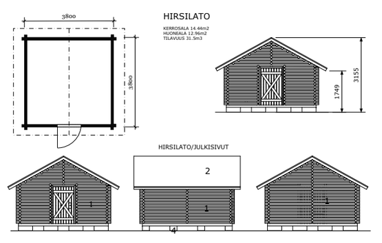 Puuliiteri neliöhirrestä 4x4 m, harja- tai pulpettikatto
