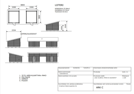 Parilato neliöhirrestä 4x9 m, harja- tai pulpettikatto