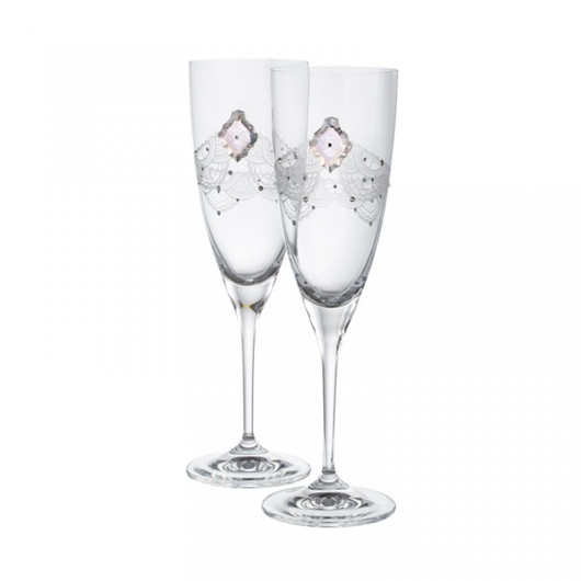Samppanjalasit- Swarovski kristalleilla/pitsi koristellut samppanjalasit lahjaboxissa, setti