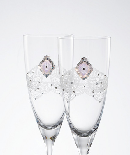 Samppanjalasit- Swarovski kristalleilla/pitsi koristellut samppanjalasit lahjaboxissa, setti
