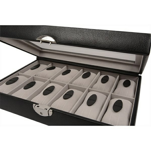 Kellolaatikko- Laatikko 12 kellolle, musta nahka