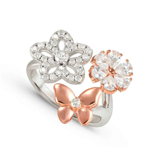 Nomination Italy- Kukka-ja perhonen. Hopeasormus, säädettävää