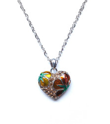 Kimalteleva hopeinen ruskea / keltainen sydän kaulakoru kukkakuvioilla