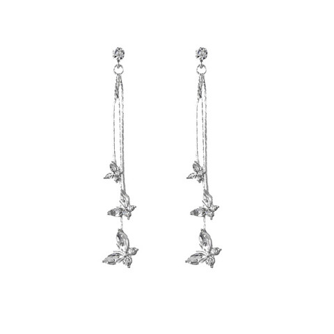 Hopeanväriset pitkät kristalli perhoskorvakorut 8cm