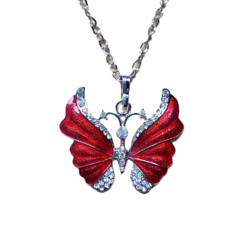Kaunis emaloitu kimalteleva punainen perhonen kaulakoru