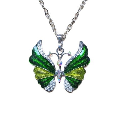 Kaunis emaloitu kimalteleva vihreä perhonen kaulakoru